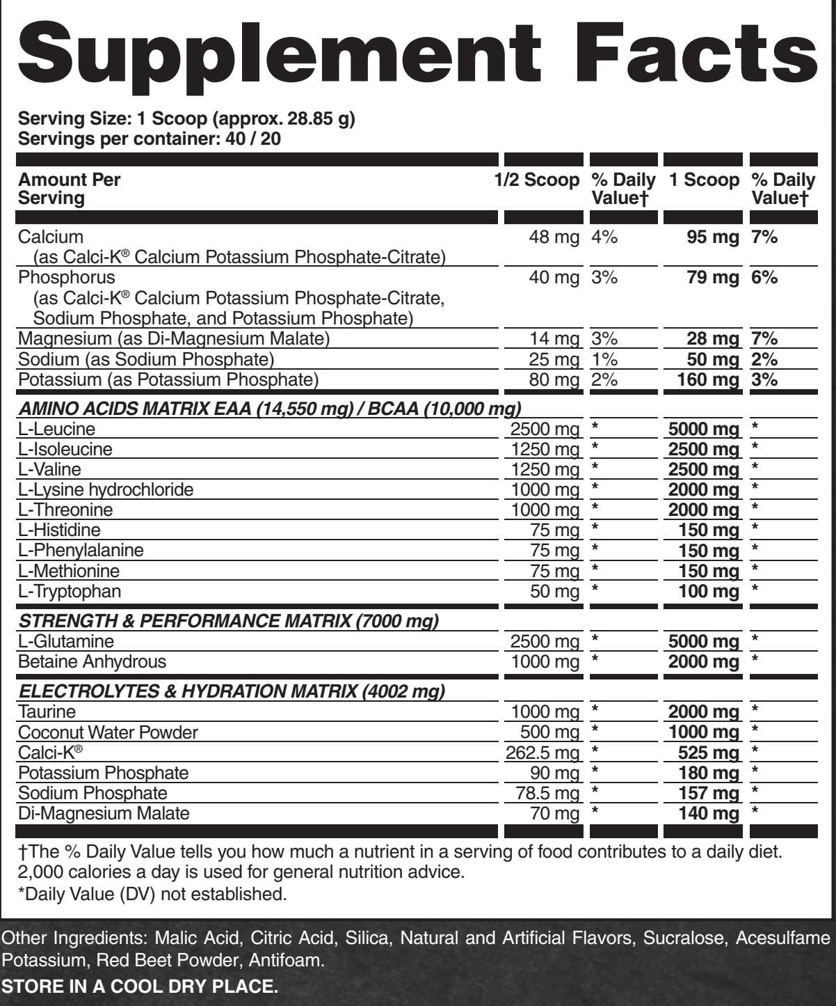 Nutritional supplement facts for a mix with amino acids, performance matrix, electrolytes & hydration matrix, and unestablished daily values.