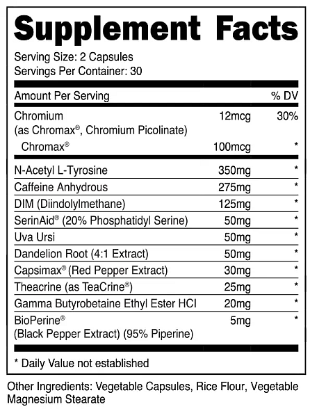 Supplement facts label showing ingredients and daily values of a product with 30 servings, such as Chromium, Caffeine, and other natural elements.