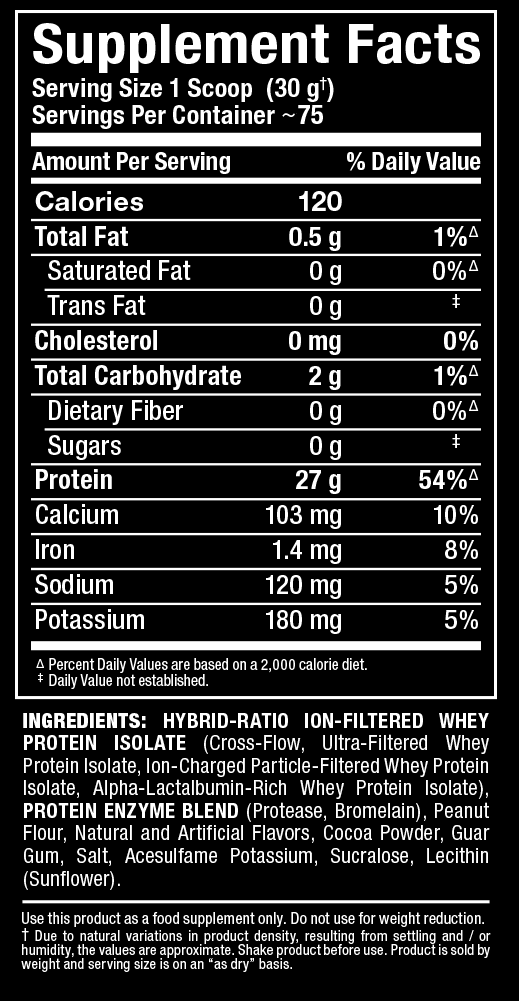 Nutrition label for a dietary supplement with ingredients and cautionary usage details. Considered 120 calories per serving.