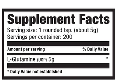 Supplement facts showing serving size, servings per container, and the amount of L-Glutamine per serving.