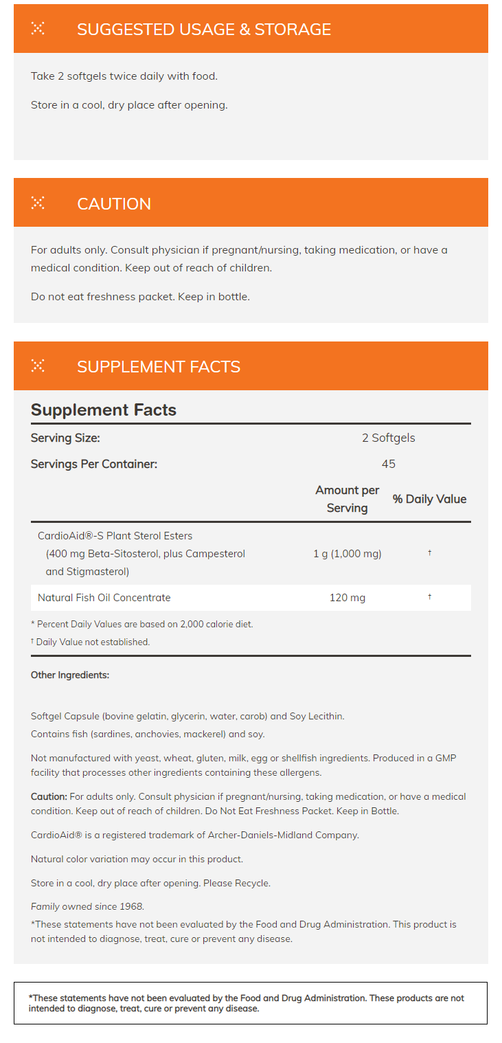 Supplement facts and usage instructions for CardioAid-S Plant Sterol Esters supplement. Contains fish and soy; not evaluated by the FDA.