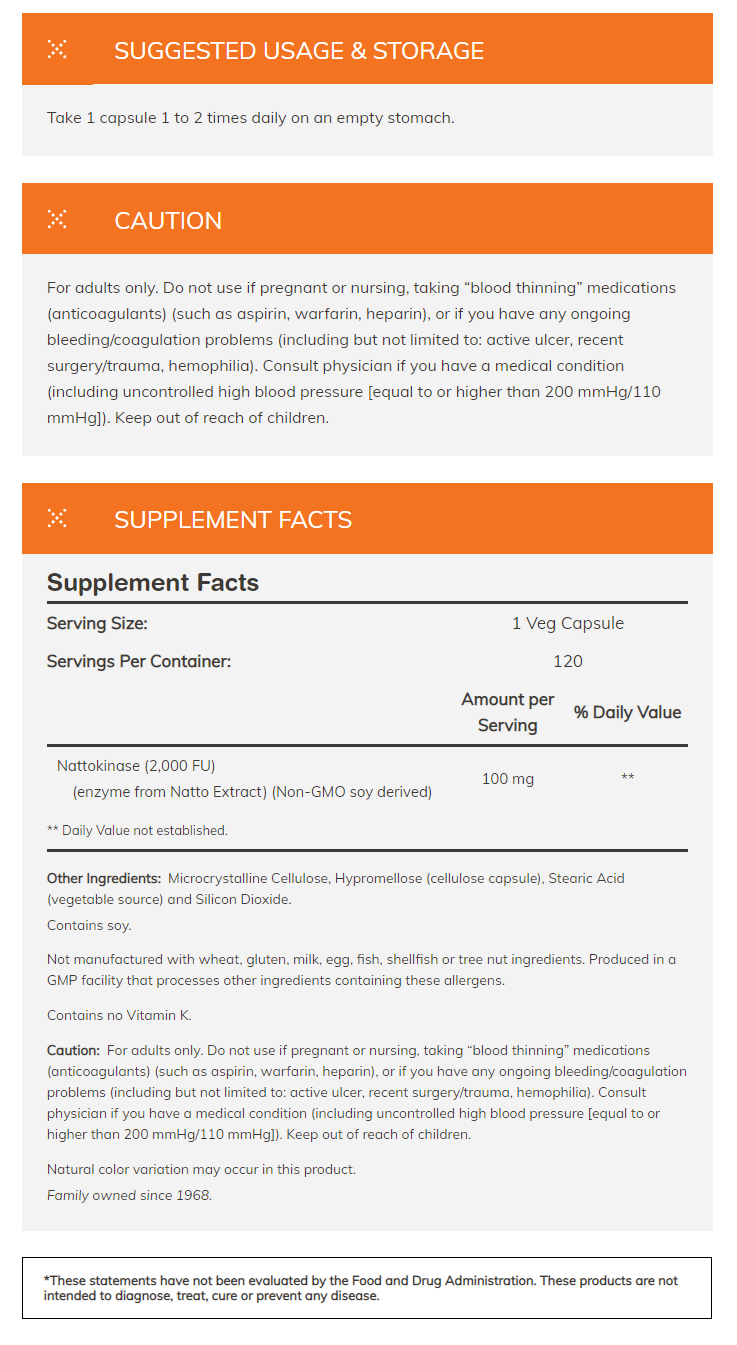 Instructions and precautions for Nattokinase supplement usage. Not for use if pregnant, nursing, or taking blood thinners. Contains soy.