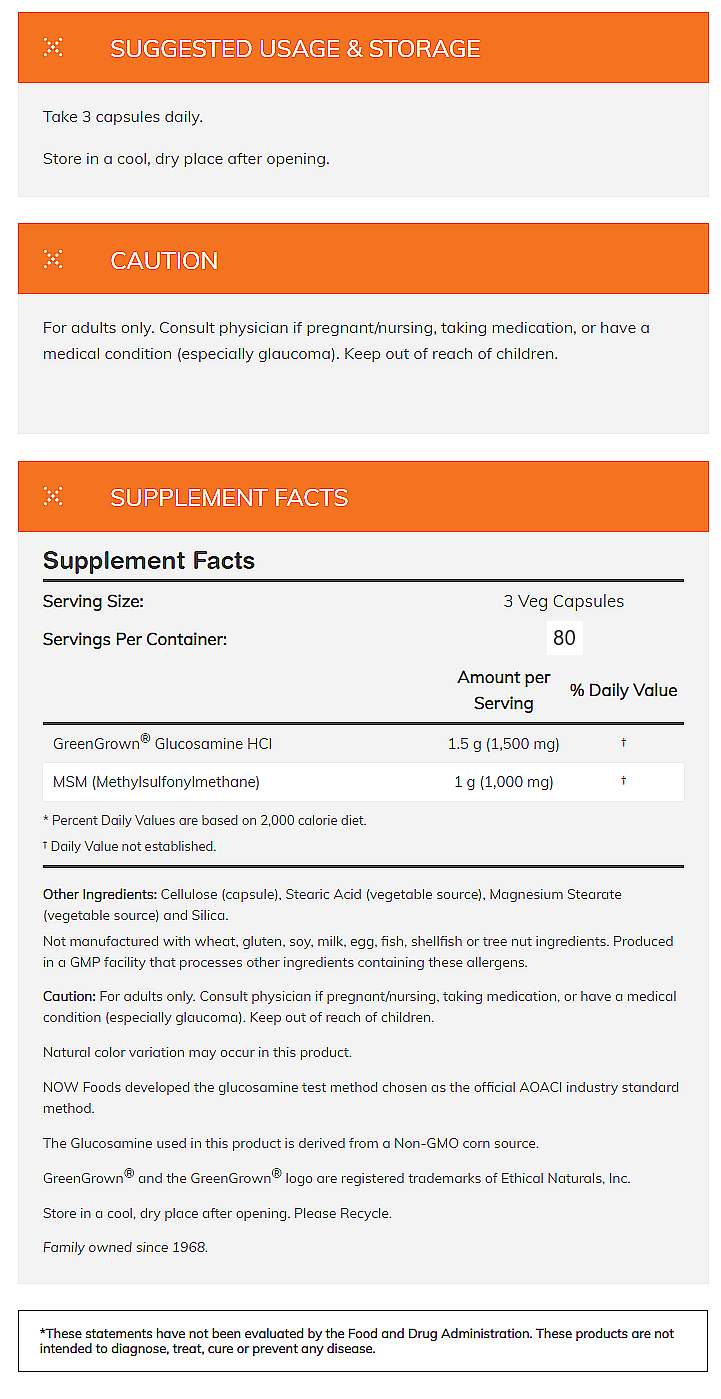 Supplement bottle suggesting 3 capsules daily, for adults and not recommended for pregnant or nursing women. Non-GMO glucosamine derived from corn.