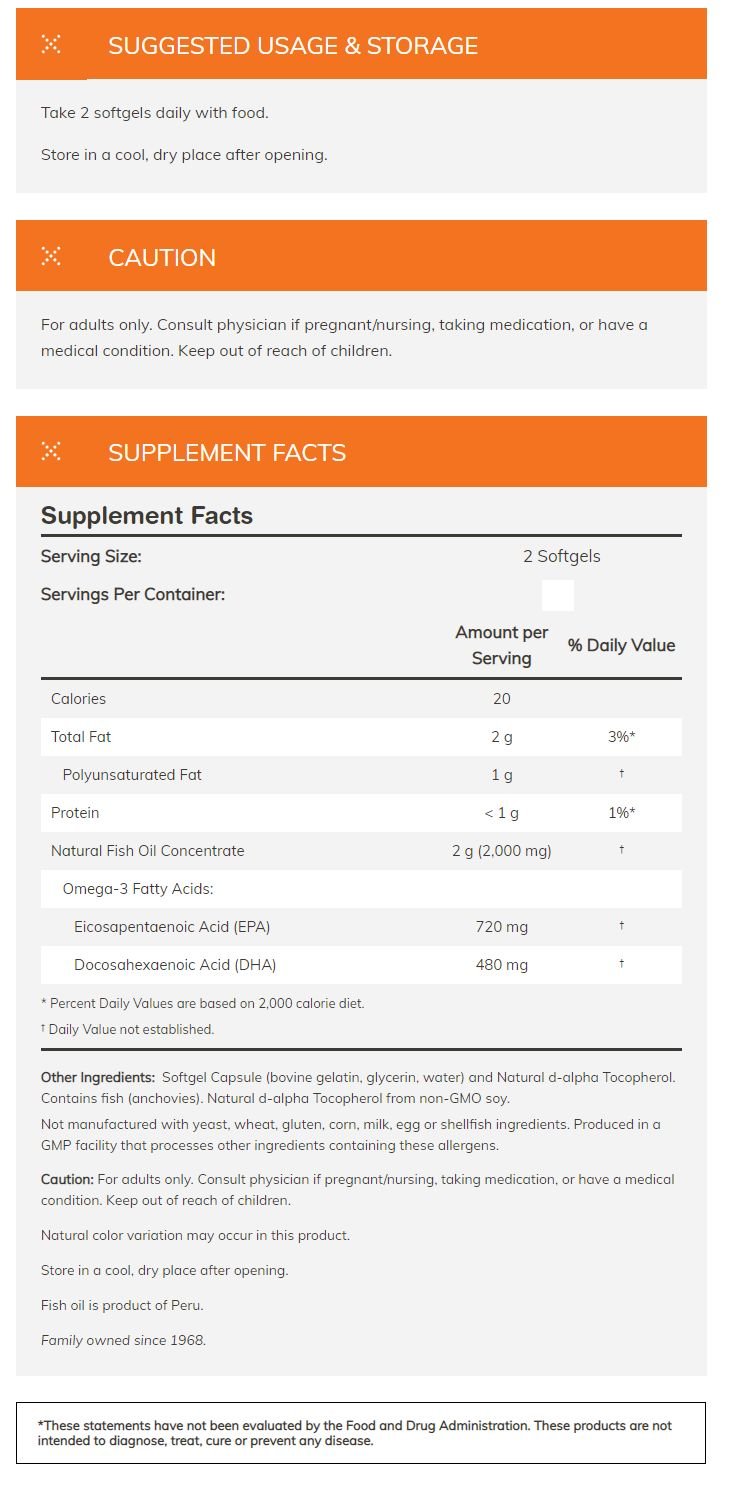 Fish oil supplement label indicating dosage, storage instructions, nutritional facts, allergy information, and FDA disclaimer.