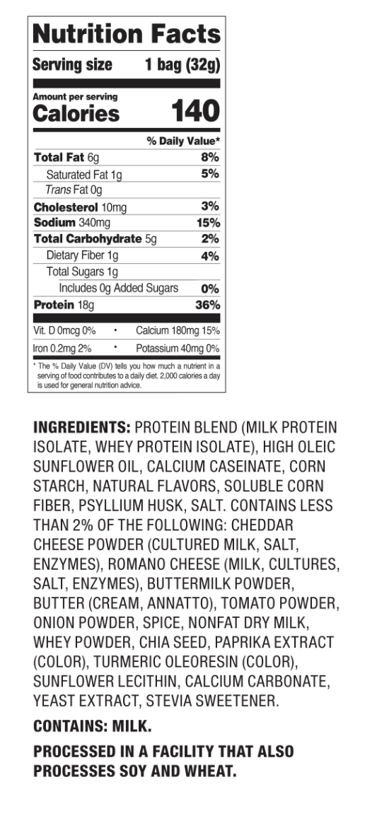 Nutrition label showing 140 calories, 6g of fat, 5g of carbs, and 18g of protein per 32g serving, with ingredients list.