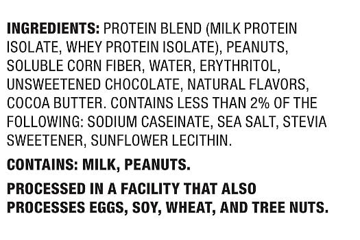 Ingredients list for a protein blend with peanuts, corn fiber, unsweetened chocolate, and sweeteners; allergen: milk, peanuts.