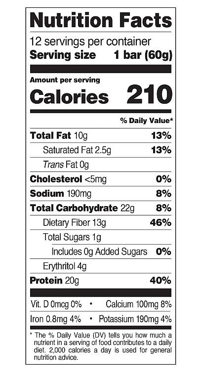 Nutrition facts for a 60g bar: 210 calories, 10g total fat, 22g carbohydrates, 13g fiber, 1g sugars, 20g protein, 190mg sodium. Includes daily values of iron, calcium, and potassium.