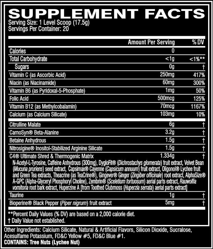 Supplement facts for a product with 20 servings per container. Contains various vitamins, calcium, citrulline malate, CarnoSyn Beta-Alanine, etc.