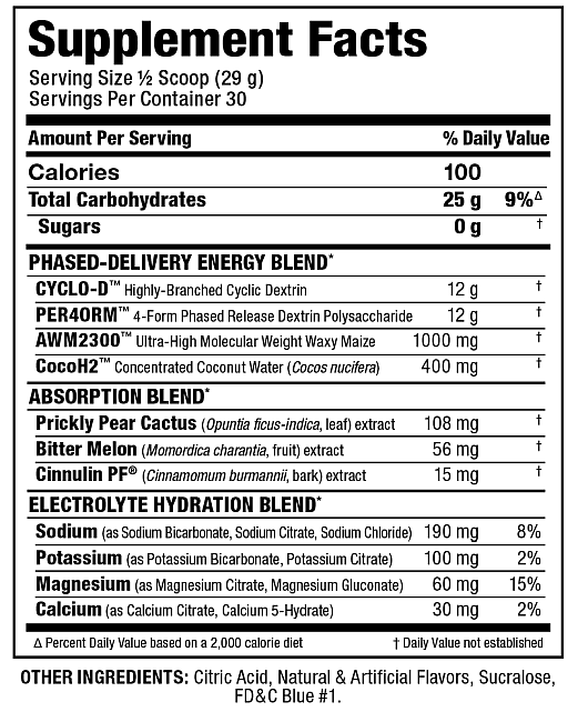 Nutritional supplement label showing ingredients, serving size, amt. per serving, daily value percentages, and various energy, absorption and electrolyte blends.