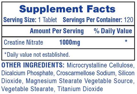 Supplement facts label for a 120 tablet container, each with 1000mg Creatine Nitrate and various other ingredients.