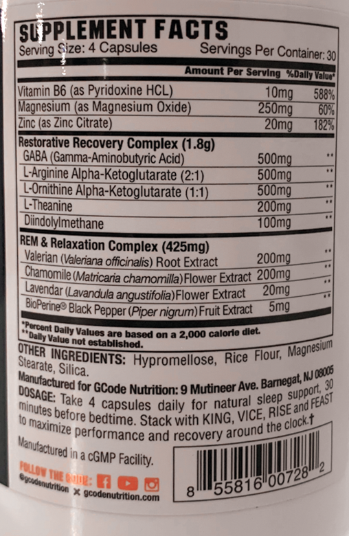 Supplement facts list for a 30 servings container; contains Vitamin B6, Magnesium, Zinc, GABA, L-Arginine Alpha-Ketoglutarate, L-Ornithine Alpha-Ketoglutarate, L-Theanine, Diindolylmethane, and more.