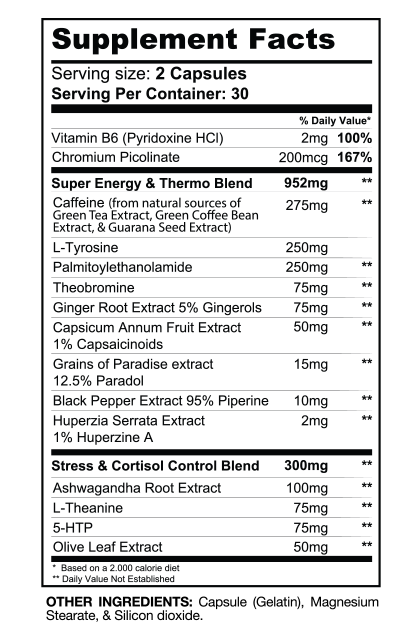 Supplement facts for a 2-capsule serving, includes vitamins, energy blend with natural caffeine sources, and stress control blend.