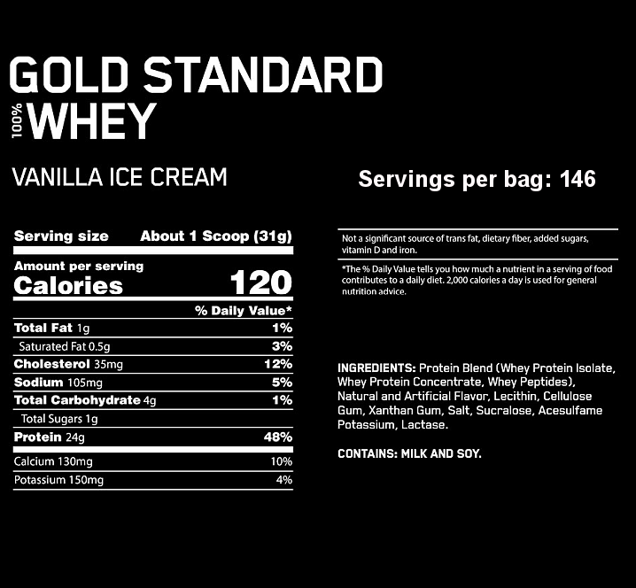 Nutritional information and ingredients for Gold Standard Whey Vanilla Ice Cream. Serving size is one scoop.