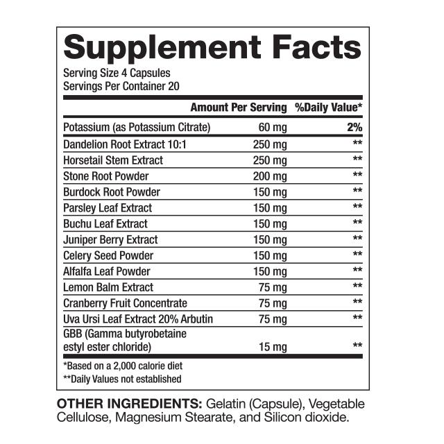 Supplement facts for 4 capsules: Various extract & powder amounts including Dandelion Root, Parsley Leaf, Juniper Berry, and others.+%Daily Value based on 2,000 calorie diet.