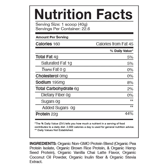 Nutrition facts and ingredients for a serving of organic protein blend with vanilla chai flavor. Contains 160 calories, 4g of fat, 6g of carbs.