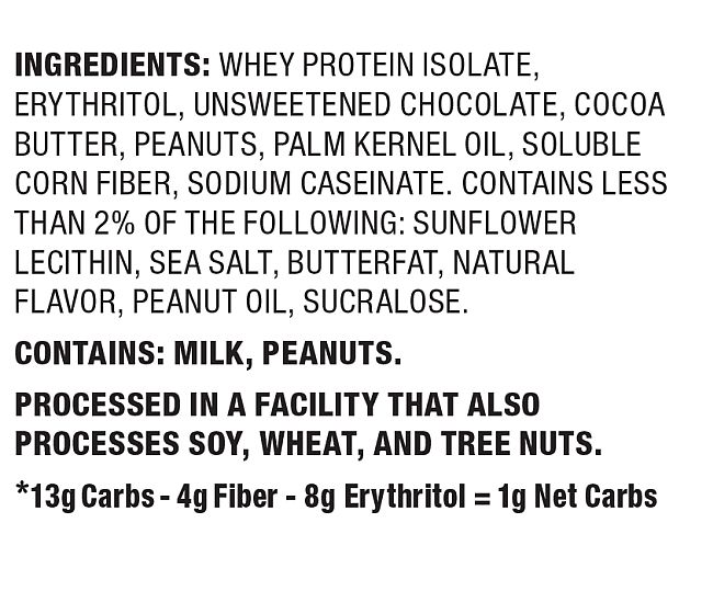List of ingredients for a protein bar with allergen info and net carb calculation.