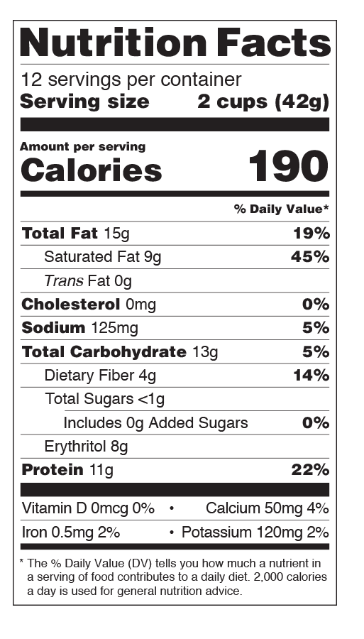 Nutrition label showing 190 calories, 15g fat, 13g carbs, 11g protein per serving, along with other micronutrient details.