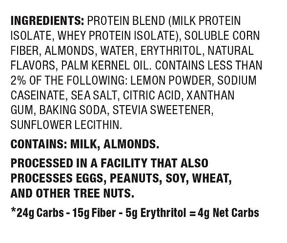 List of ingredients in a protein blend that includes dairy proteins, almonds, natural flavors, and sweeteners; 4g net carbs.