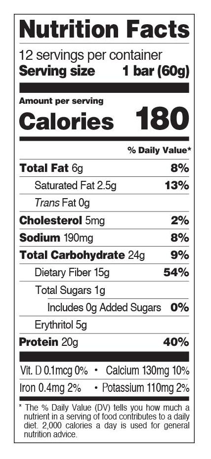 Nutrition label showing 180 calories, 6g fat, 24g carbs, 20g protein per 60g serving. Also includes daily value percentages.