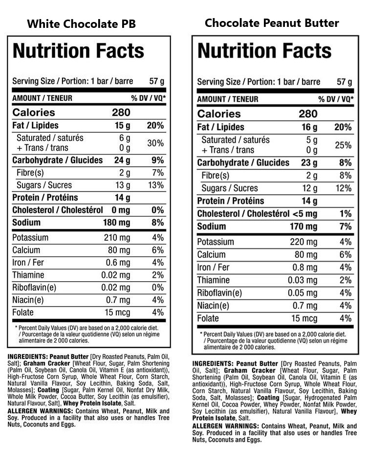 Nutrition facts and ingredients for White Chocolate PB and Chocolate Peanut Butter protein bars, both having 280 calories and allergen warnings.