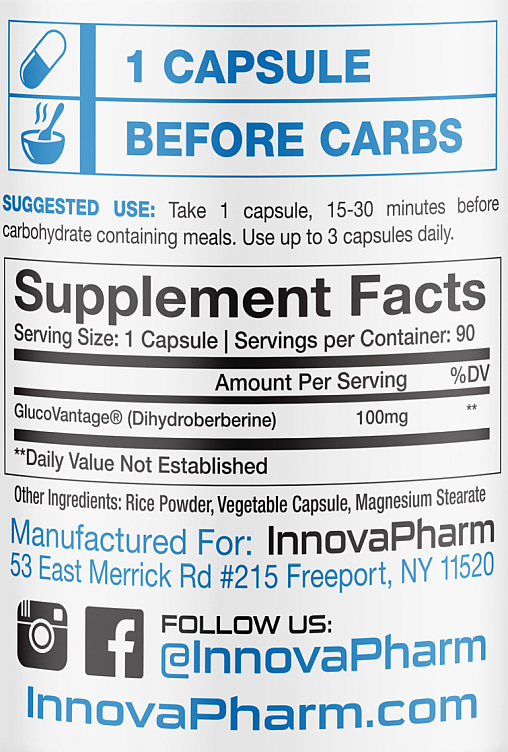 Supplement label advising to take one capsule before carbs, contains GlucoVantage, rice powder, and magnesium stearate. Follows InnovaPharm.