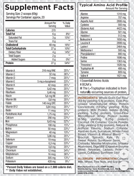 Supplement facts for a serving size of 2 scoops (69g), including calories, vitamins, and amino acids. Ingredients also listed.