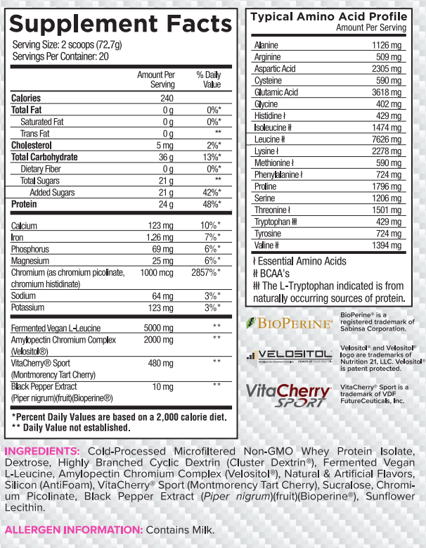 Supplement facts for a 2-scoop serving of a nutrition powder containing vitamins, minerals, amino acids, chromium complex, fermentable vegan L-Leucine, and other ingredients.