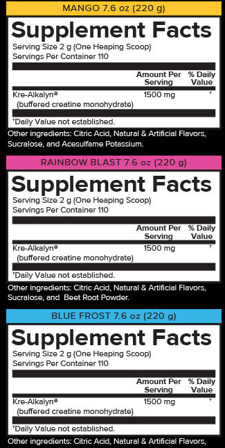 Mango, Rainbow Blast, and Blue Frost 7.6 oz supplements. Each contains 1500 mg of Kre-Alkalyn, with 110 servings per container.