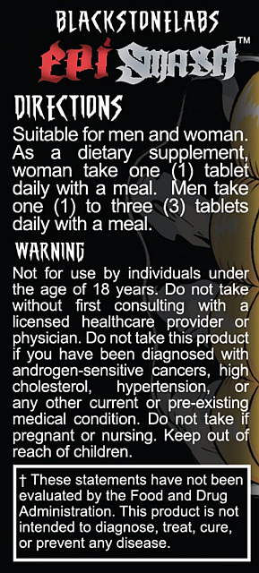 BlackstoneLabs Epismash dietary supplement directions and warnings for consumption by men and women, with health and age advisories.