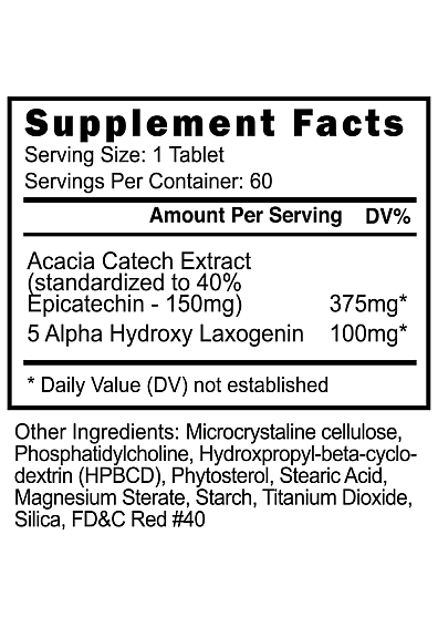 A supplement facts label for a product with 60 servings presenting main components such as Acacia Catechu Extract, Microcrystalline cellulose, and others.