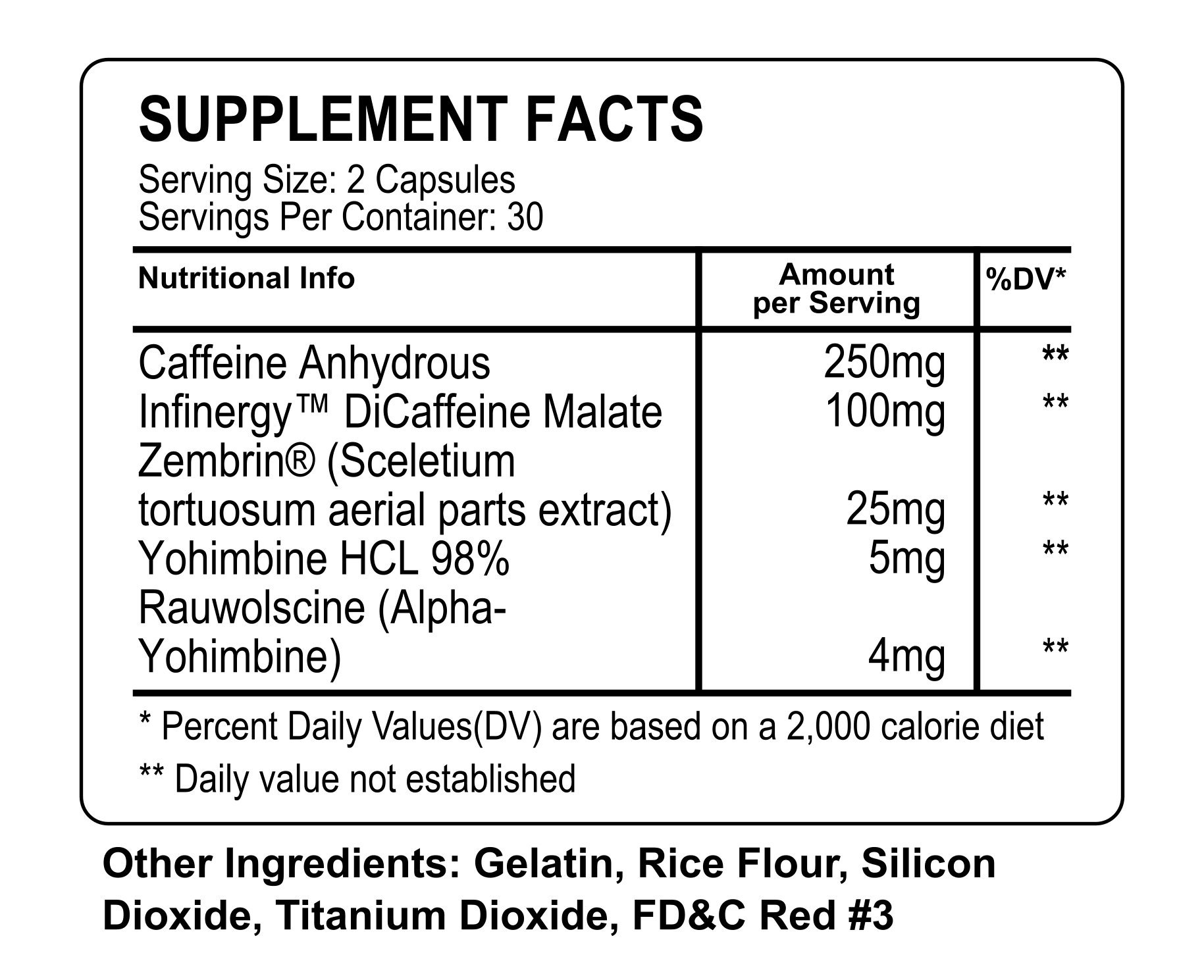 Supplement facts for a 30-serving product. Ingredients include caffeine anhydrous, Infinergy™ DiCaffeine Malate, Zembrin®, Yohimbine HCL, and Rauwolscine.