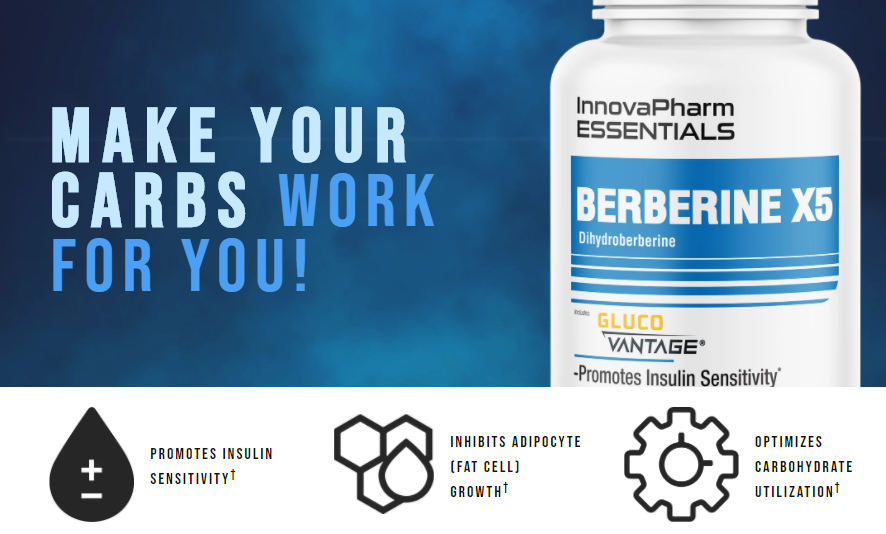 Ad for InnovaPharm Essentials Berberine X5 promoting insulin sensitivity, inhibiting fat cell growth and optimizing carbohydrate utilization.