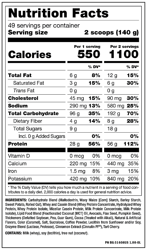 Nutrition labeling for a 49-serving product. The product contains proteins, vitamins, and carbohydrates, with ingredients like whey, soy, milk, and various seeds.