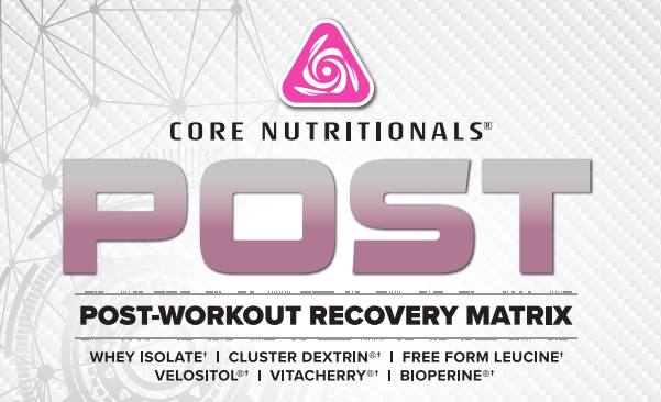 Post-workout recovery matrix ingredients from Core Nutritionals, including whey isolate, Velositol, and VitaCherry.