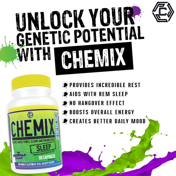 Chemix sleep aid supplement boasting genetic potential unlock, improved rest, enhanced REM sleep, and energy boost.