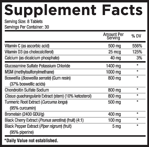 Supplement facts label showing serving size, servings per container and amounts per serving of multiple nutrients and extracts.