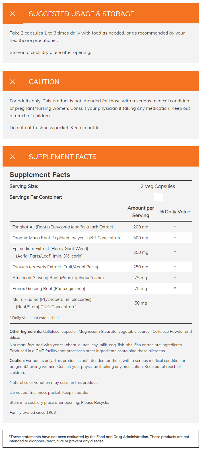 Supplement facts and usage instructions for a health product containing Tongkat Ali, Organic Maca Root, and other ingredients. Not advised for pregnant women.