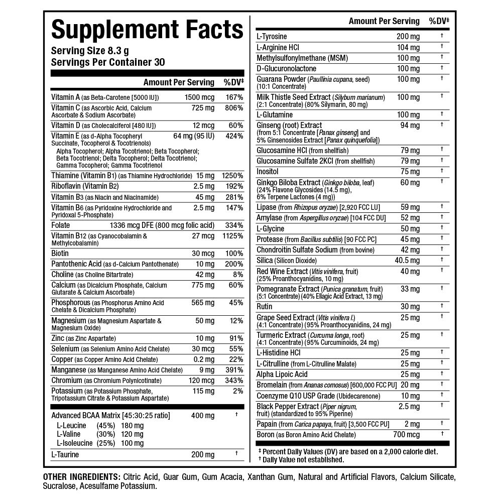 Supplement facts listing quantities and %DV for a variety of vitamins, minerals, and other ingredients such as BCAA, L-Tyrosine, and L-Arginine.