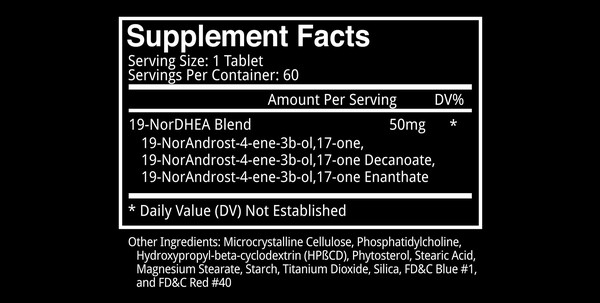 Supplement facts table of a 60 tablet container, listing serving size, active ingredients, and daily value percentage.