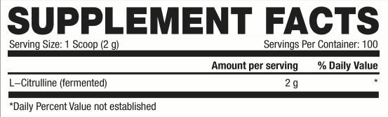 Supplement facts for a product with serving size 1 scoop (2g), providing 100 servings per container; main ingredient is L-Citrulline.