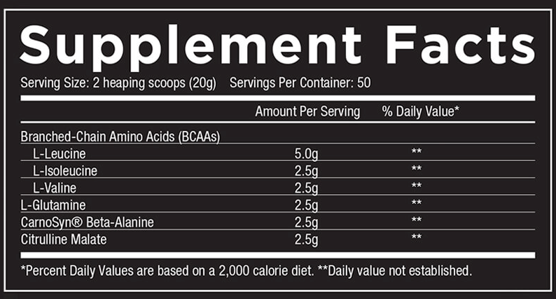 Supplement facts showing serving size, servings per container, and ingredients including branched-chain amino acids and values.