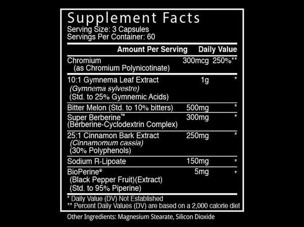 Supplement facts for 60 capsules containing chromium, gymnema leaf extract, bitter melon, berberine, cinnamon bark extract and black pepper fruit.