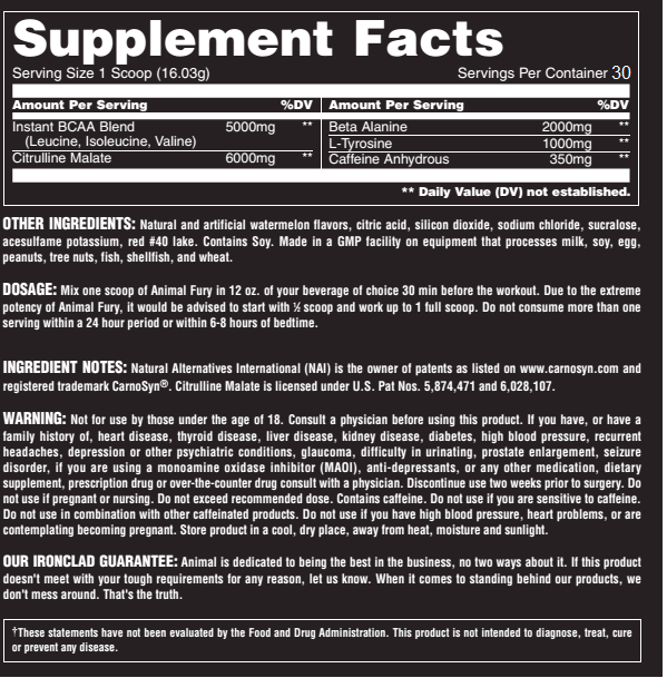 Supplement facts of serving size containing BCAA blend, Citrulline malate, Beta Alanine etc. Dosage instructions include mixing one scoop before workout.