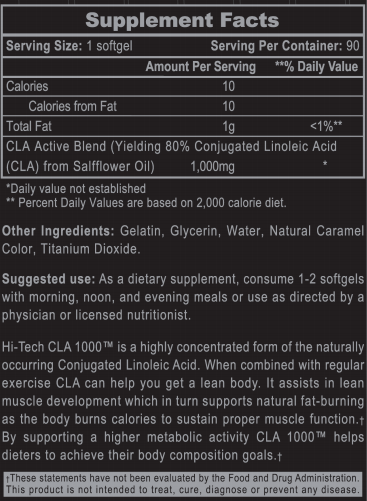 Nutritional facts for Hi-Tech CLA 1000™ softgel supplement, with usage instructions and a note stating it promotes lean muscle development and fat-burning with exercise.