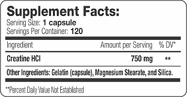 Supplement facts showing serving size, no. of servings, ingredients and daily value percentage for Creatine HCI capsules.