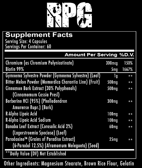 Supplement facts for MPG supplements, including 300mcg Chromium, 5mg of Biotin, Cinnamon Bark Extract, Berberine HCI and others in gelatin capsules.