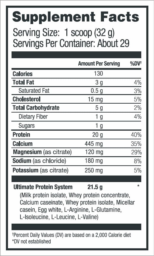 Supplement facts for a protein powder with a serving size of 1 scoop. Contains 130 calories, 20g protein, and various vitamins and minerals.