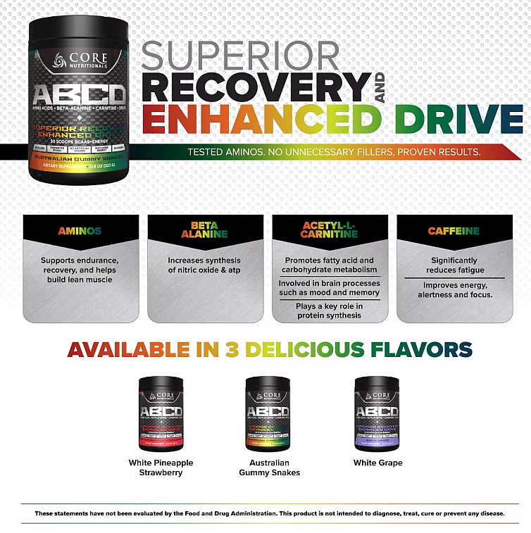 ABCD recovery supplement with amino acids, beta-alanine, and carnitine, promotes endurance, muscle build, brain processes, and protein synthesis. Available in 3 flavors.