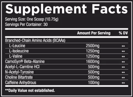 Supplement facts image: 1 scoop (10.75g) serving size, 30 servings/container. Lists BCAAS and other substances.