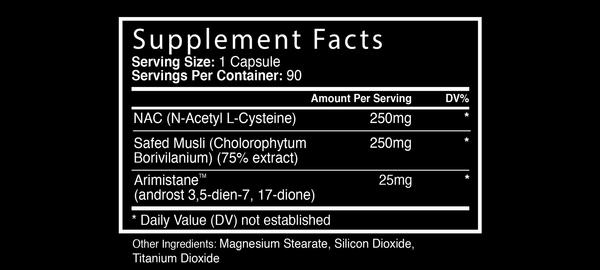 Supplement facts label showing serving size, ingredients, and daily value for a 90-capsule container of a supplement.